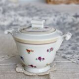 Vintage white porcelain sugar bowl with double handles - Floral decoration