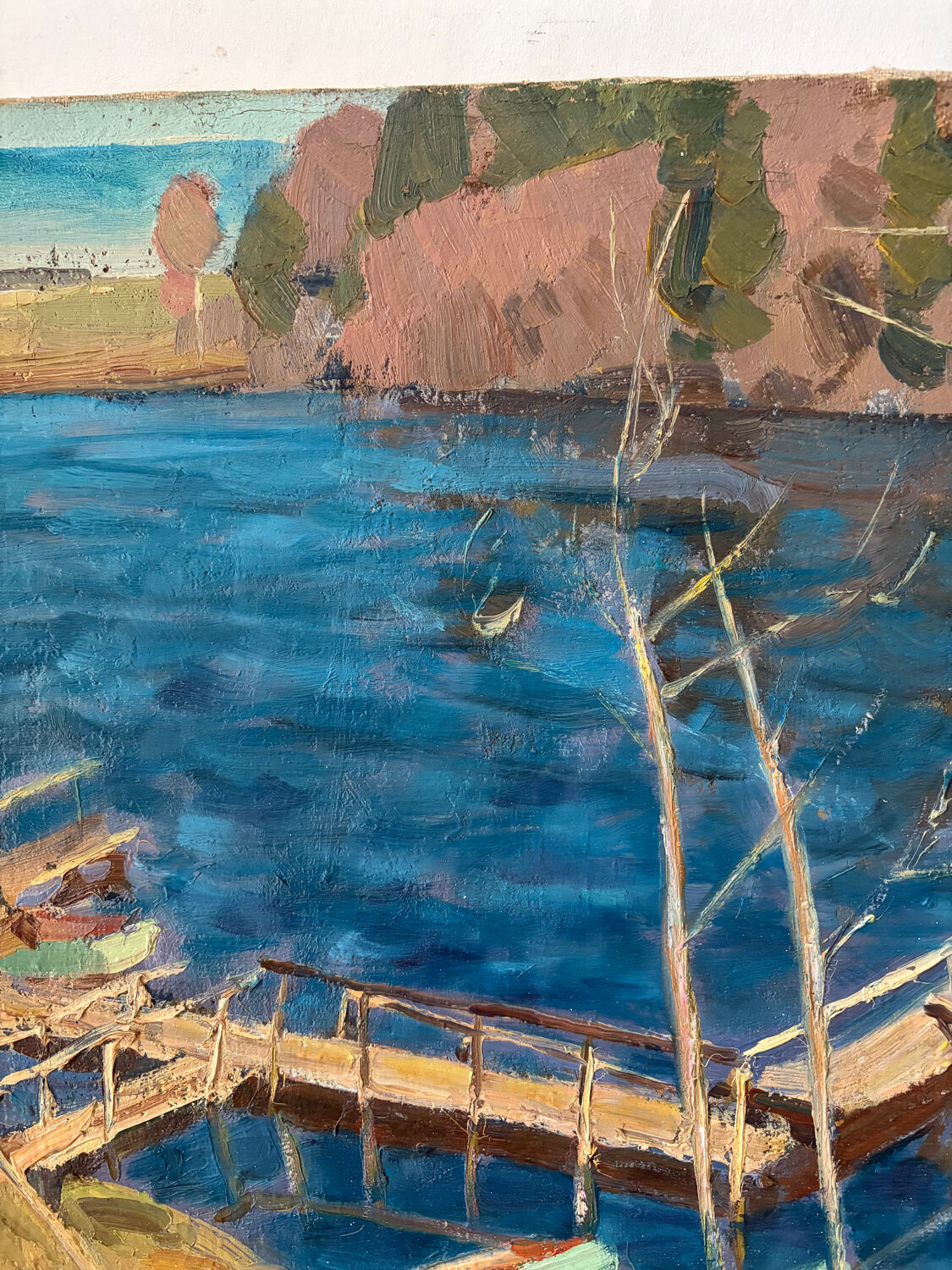 Oil on canvas "Rowboats on the dock"