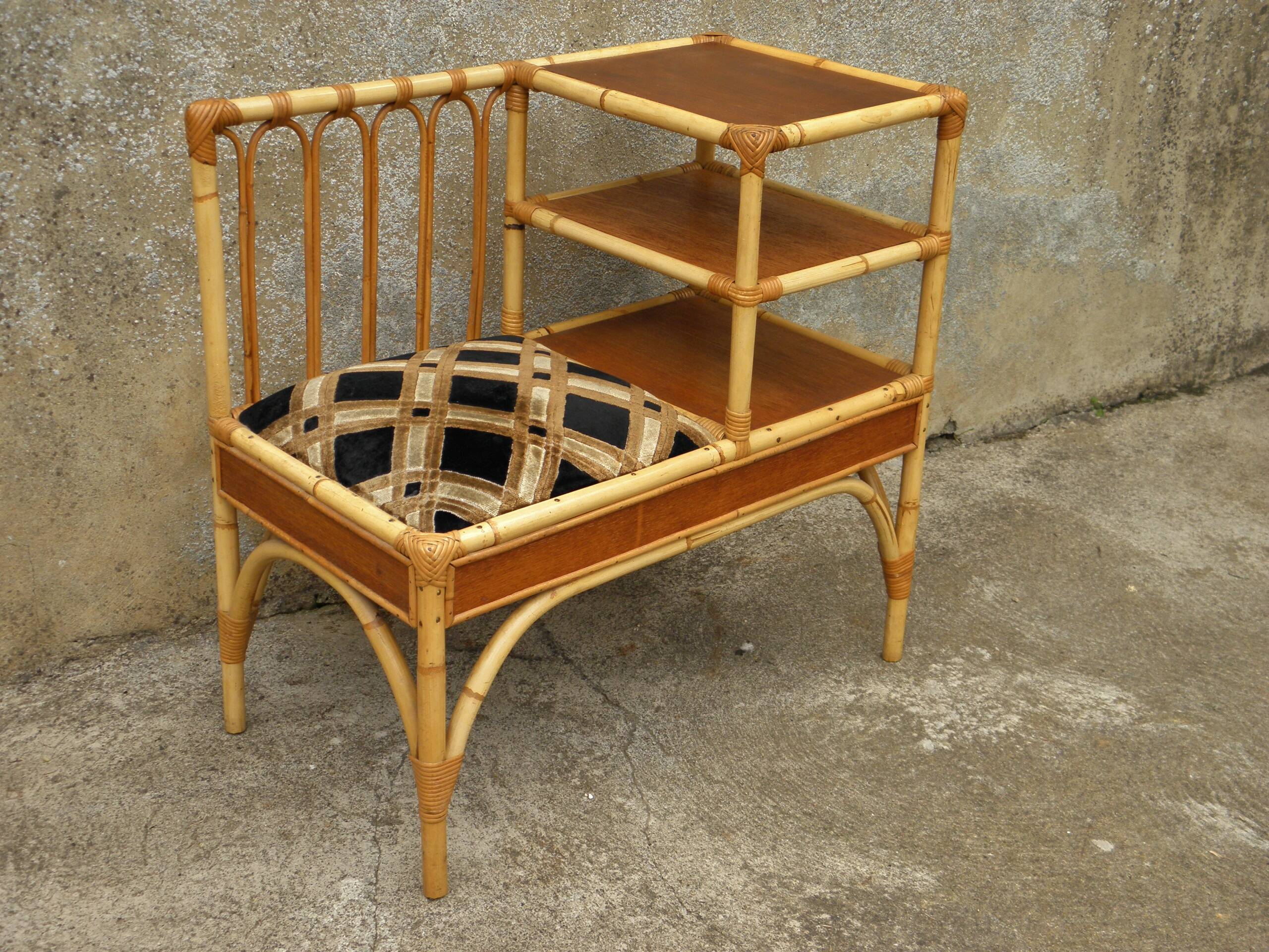 70s rattan telephone bench