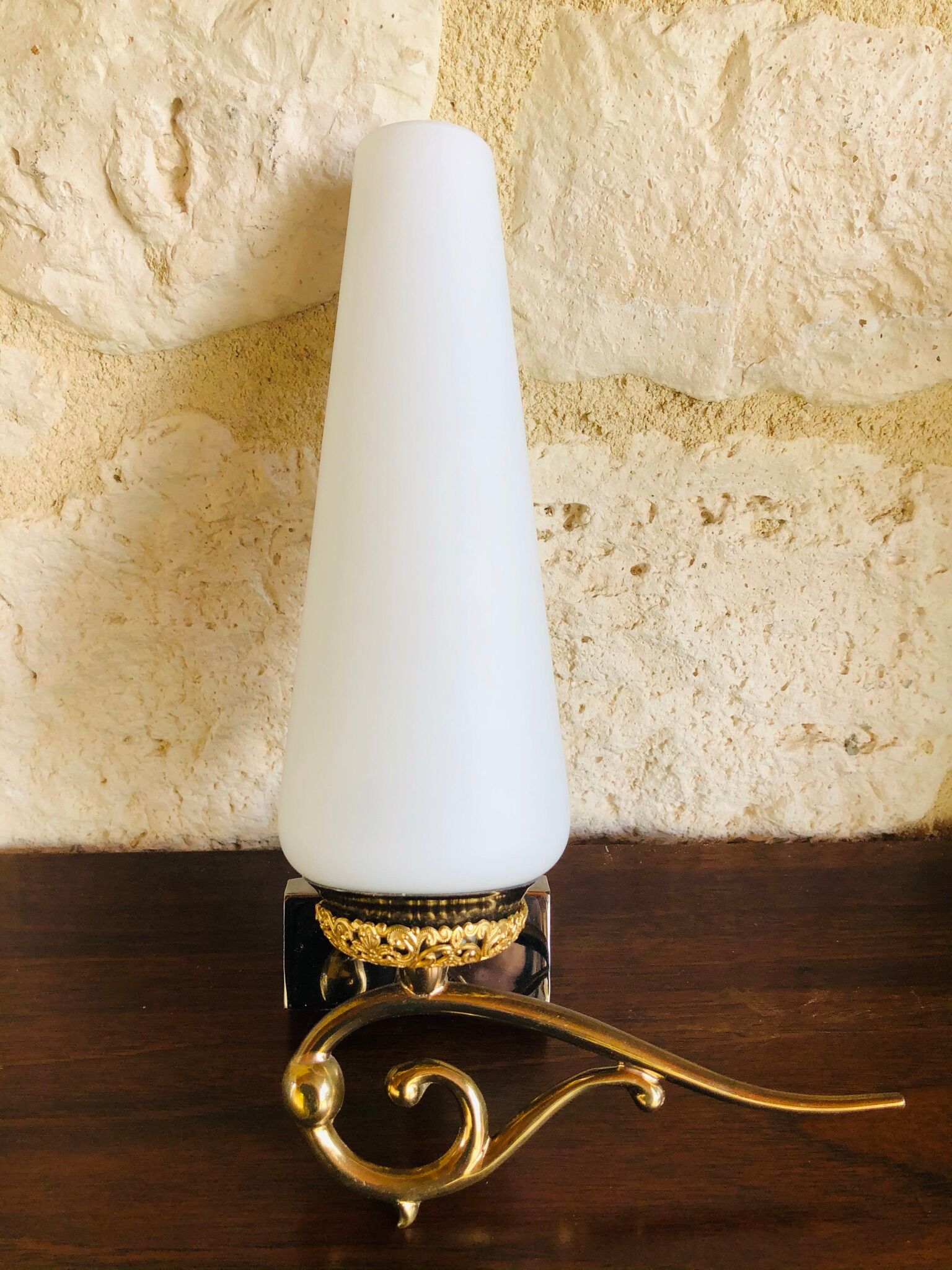 Pair of wall sconces in opaline and brass 60s