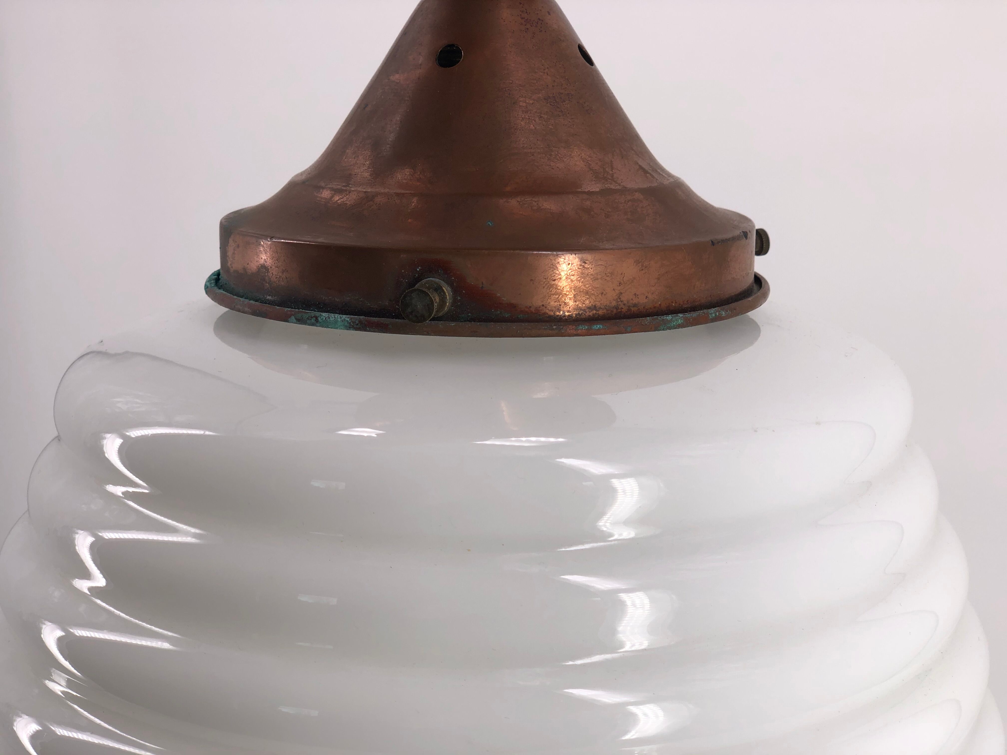 Ceiling lamp with opaline and art deco red copper mount