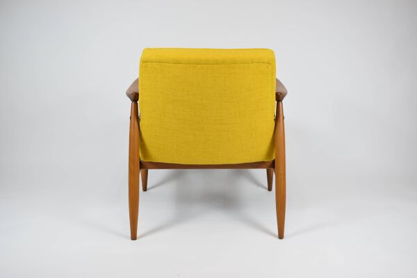 Fauteuil vintage d'origine, années 60, entièrement restauré, tissu jaune, teck