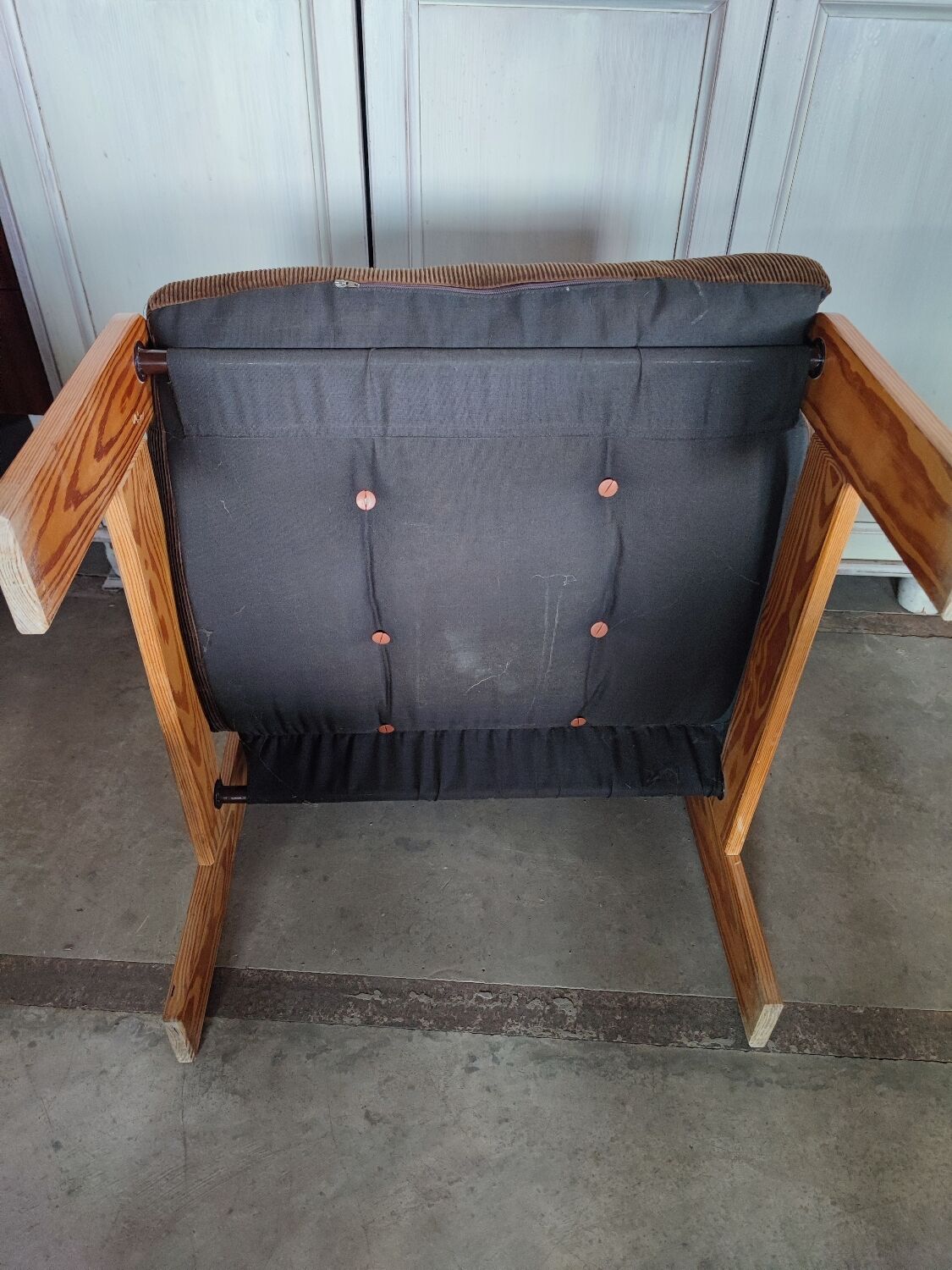 Scandinavian pine and velvet armchair