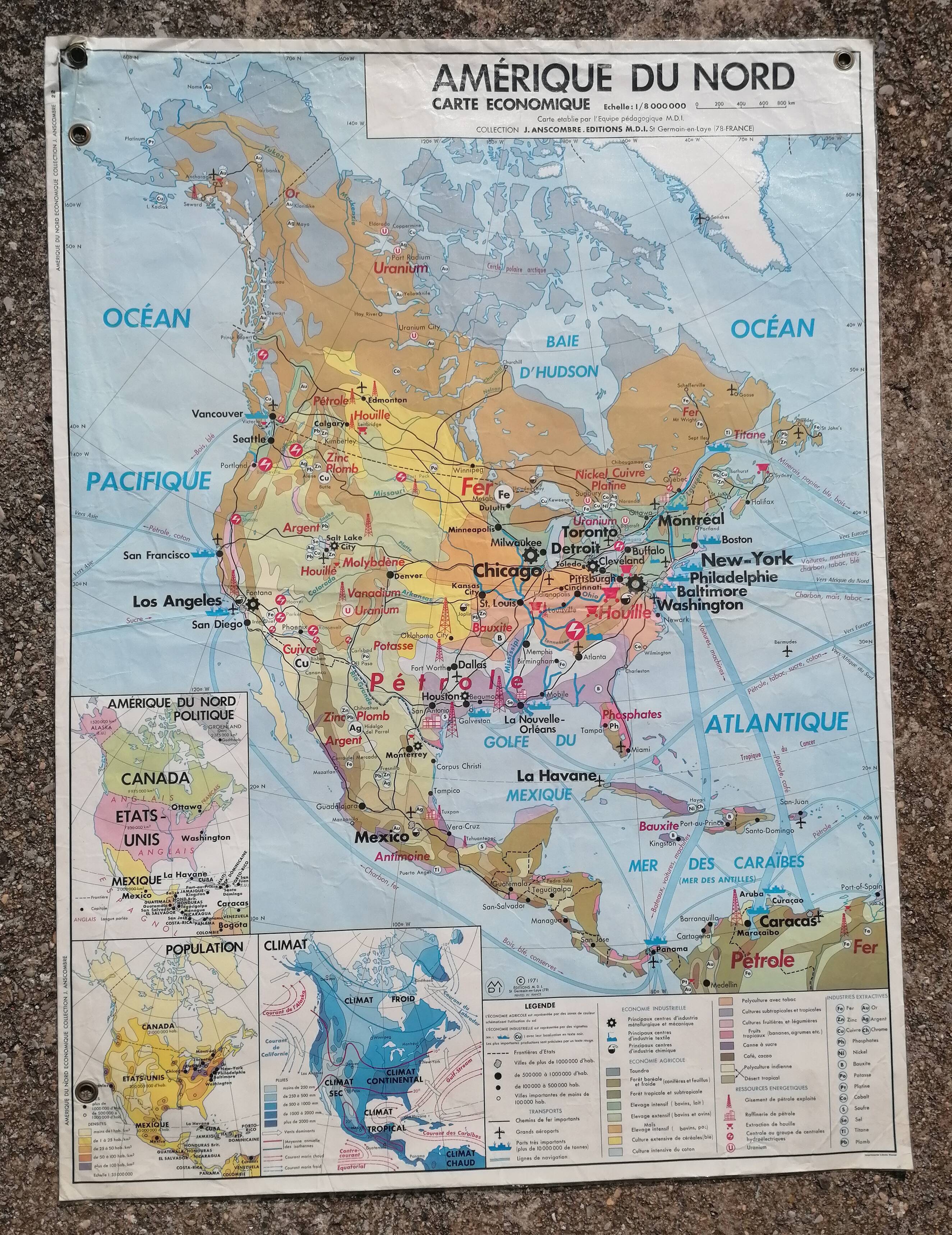 Ancienne carte mdi amérique du nord physique et économique r. brunet