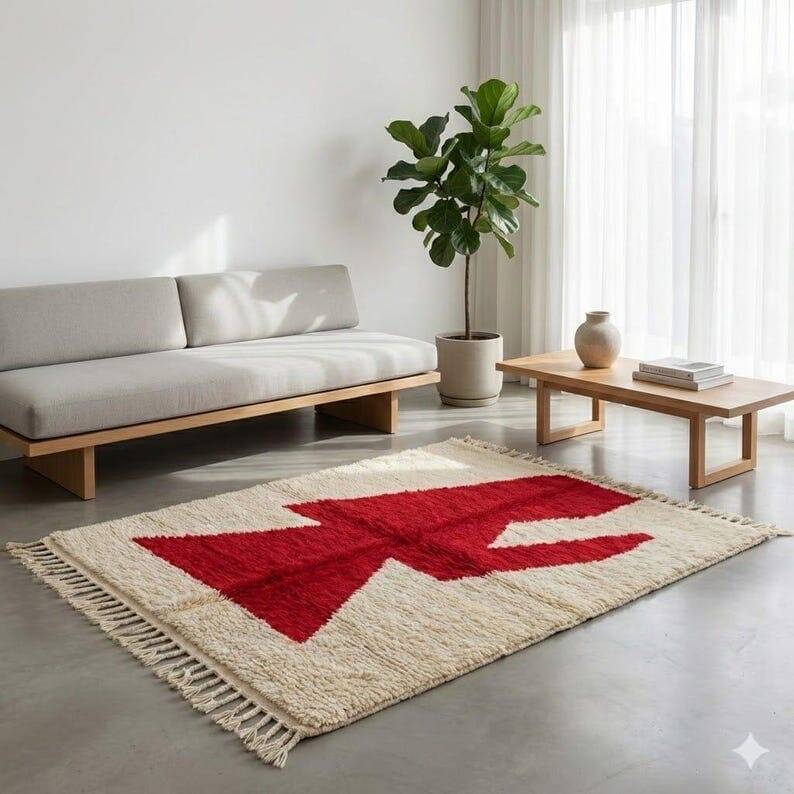 Tapis berbère en laine pure fait main rouge et blanc 150/250 cm