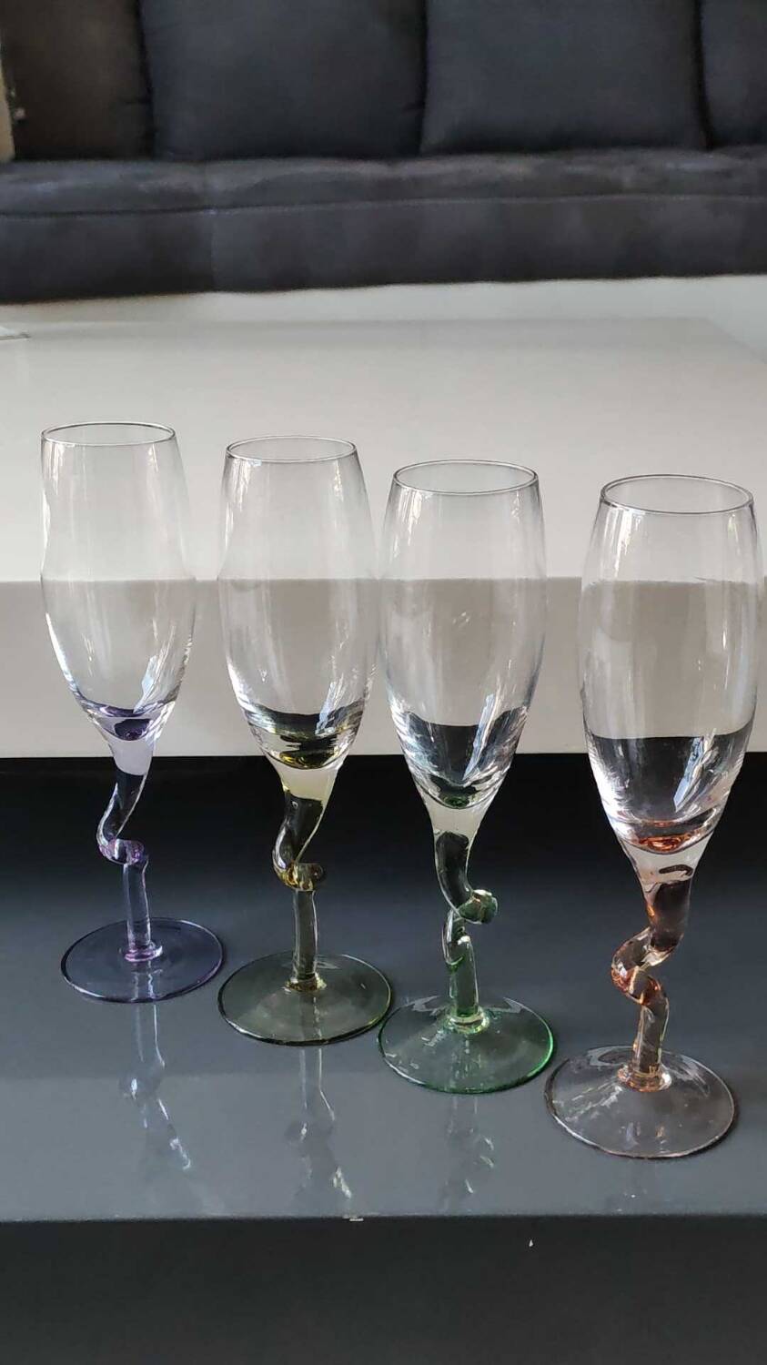 Lot 4 Large Champagne Flutes/Twisted design foot, colorful. High 22.5 cm