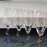 Lot 4 Large Champagne Flutes/Twisted design foot, colorful. High 22.5 cm