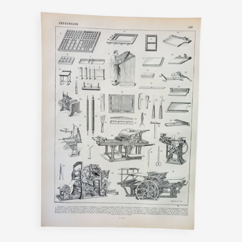 Gravure ancienne 1898, Imprimerie ancienne, écriture • Lithographie, Planche originale