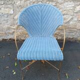 Fauteuil en rotin, couleur bleue, structure en métal, 1970