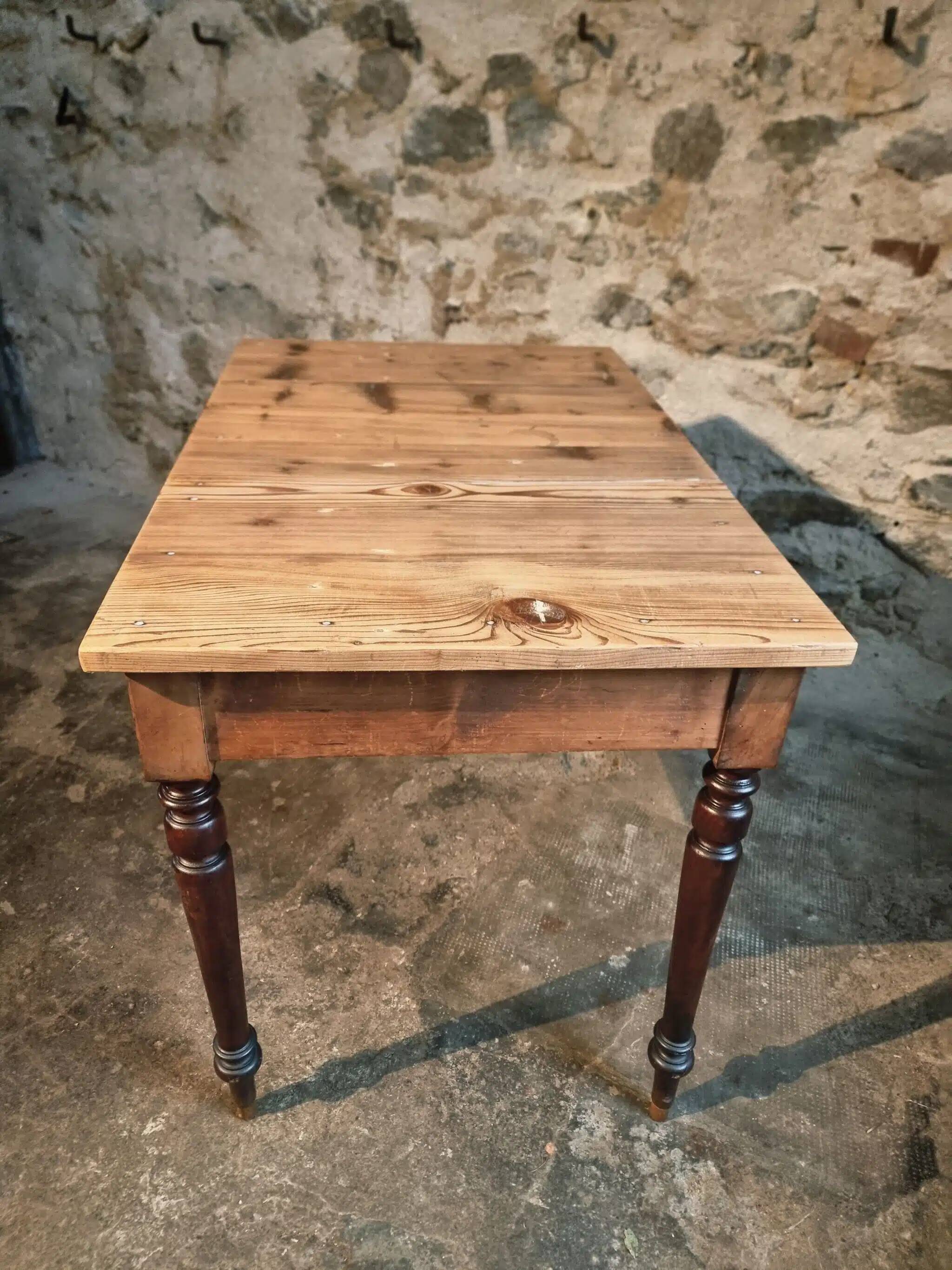 Vintage French pine table with extendable side, circa 1930, suitable for kitchen or office use.