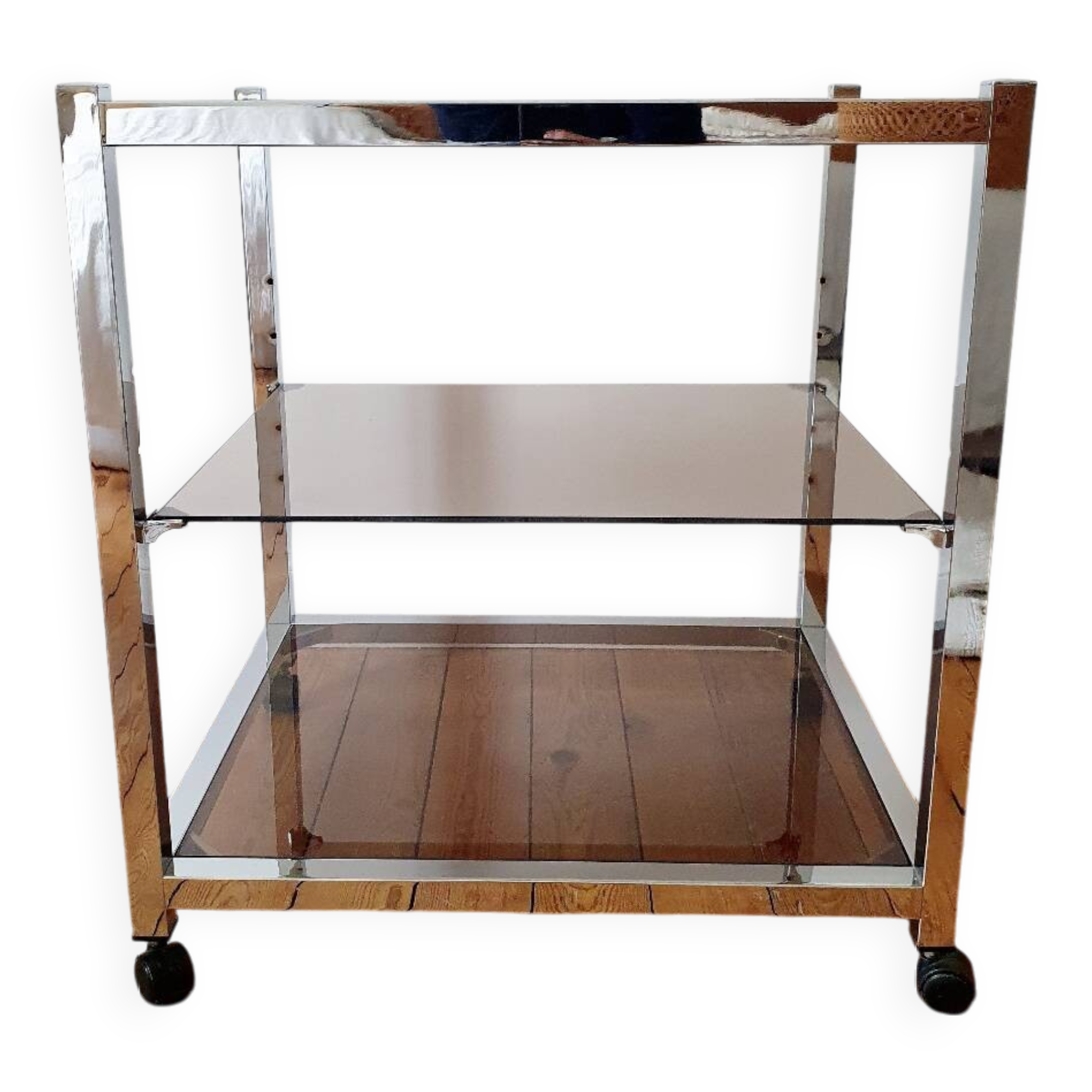 Serving cart in chromed metal and smoked glass, 1980s