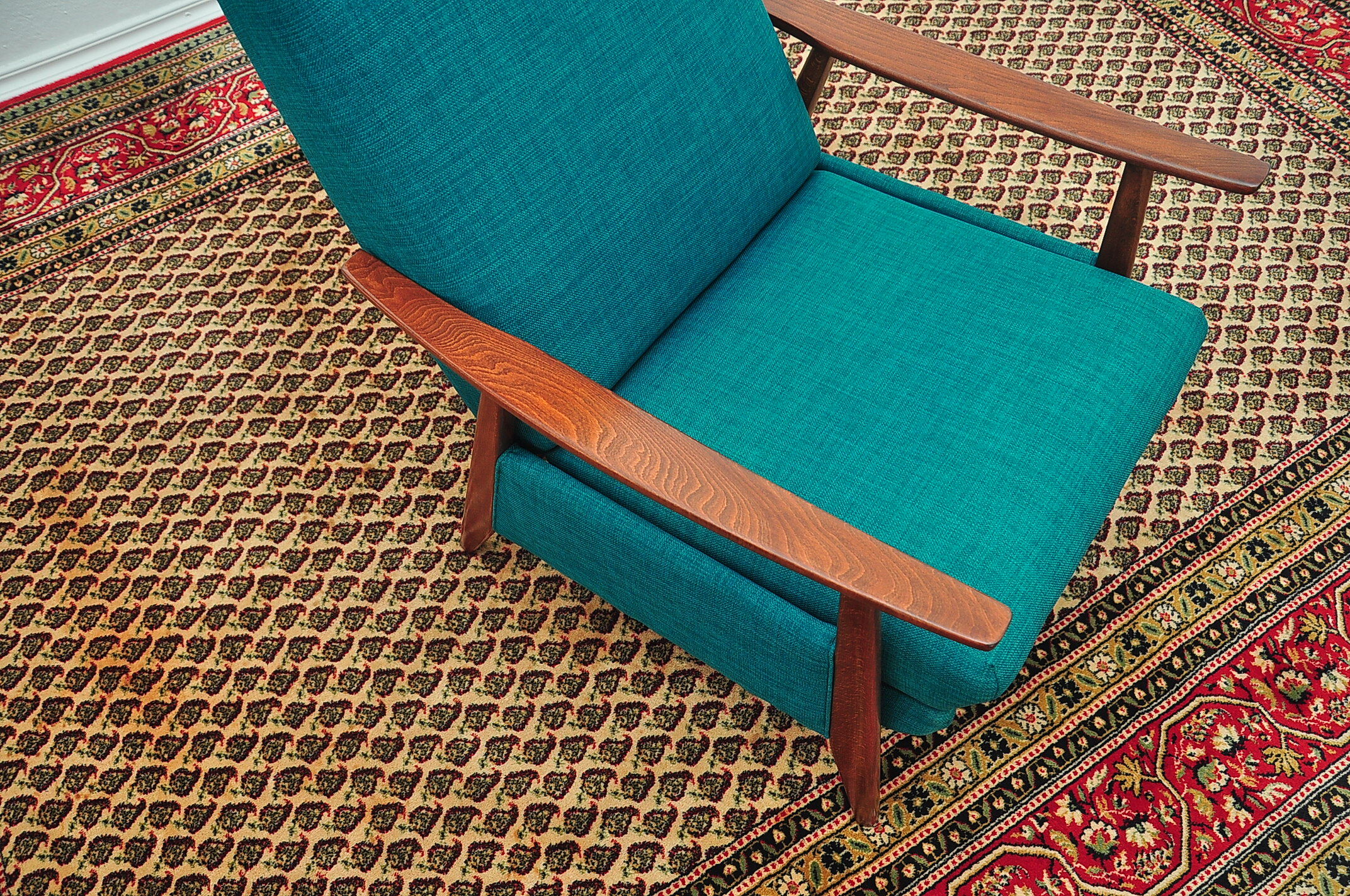 Turquoise armchair with folding footrest, 1960s