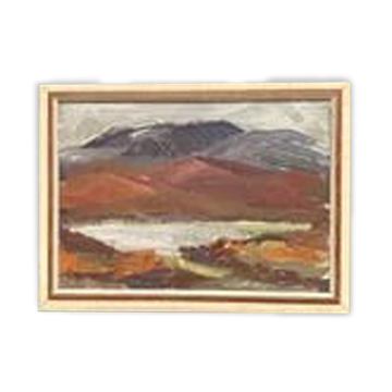 Huile sur toile suédoise – « Montagnes et Eau » – Signée – Vintage et encadrée