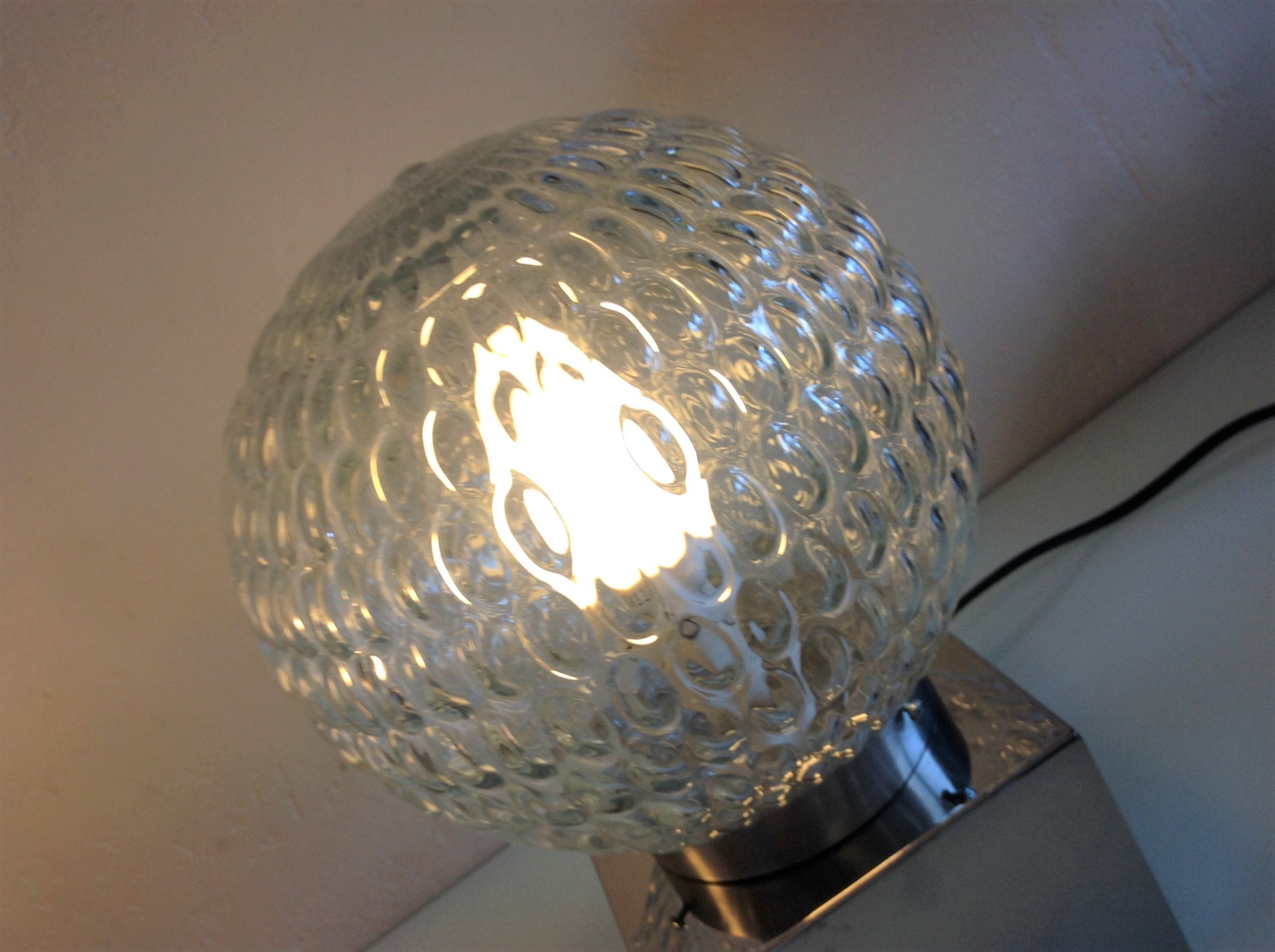 Pair of globe bedside lamps in glass and chrome/vintage metal 70-80