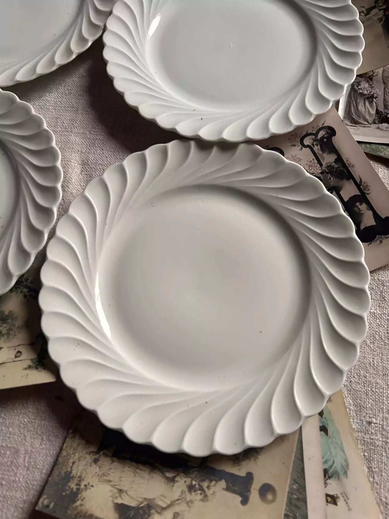 Set of 6 antique twisted white porcelain plates, a beautiful timeless classic.