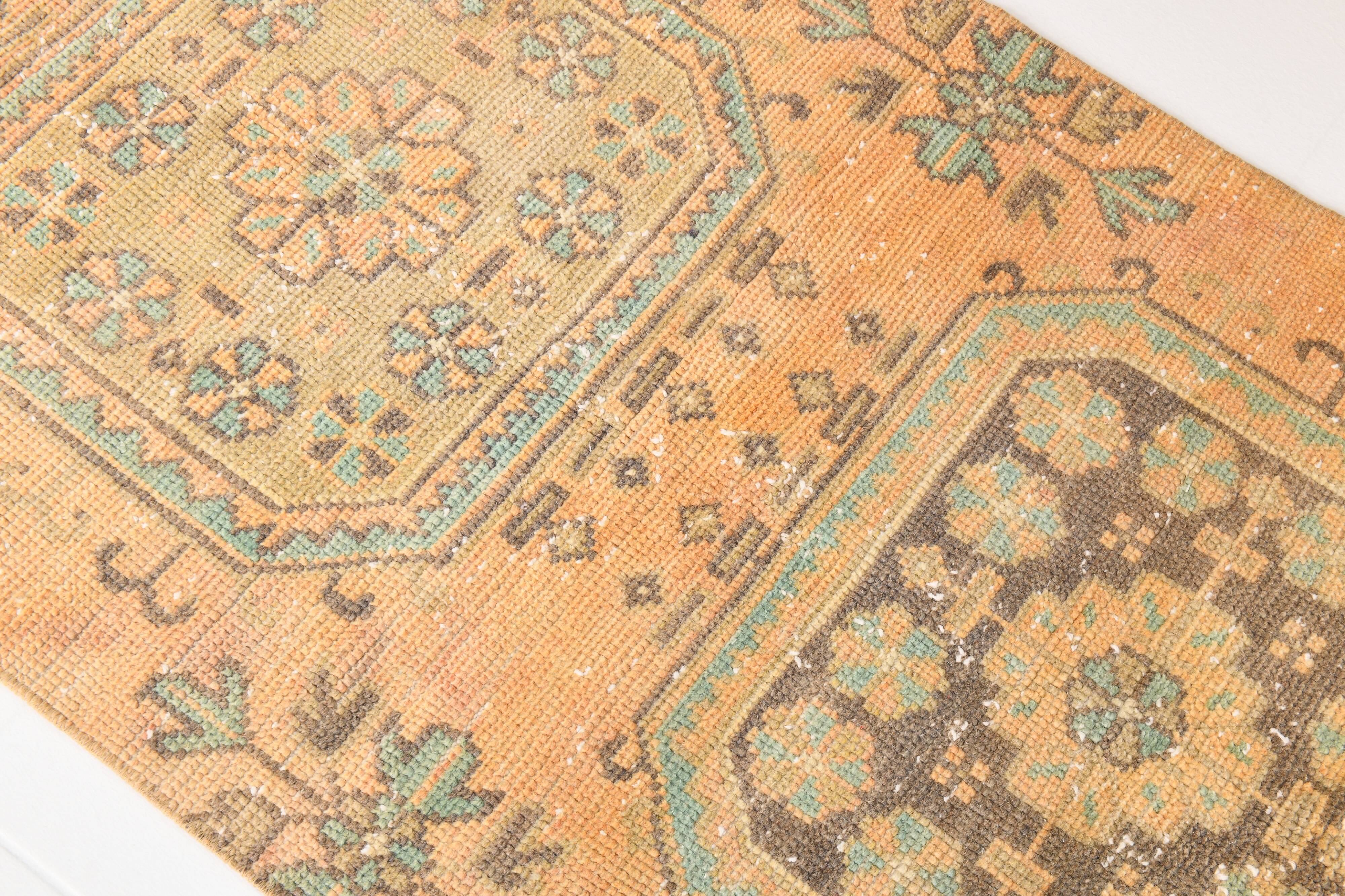 2x5 Turkish Vintage Runner Rug: Light Orange Peach Handmade Carpet 75x170Cm