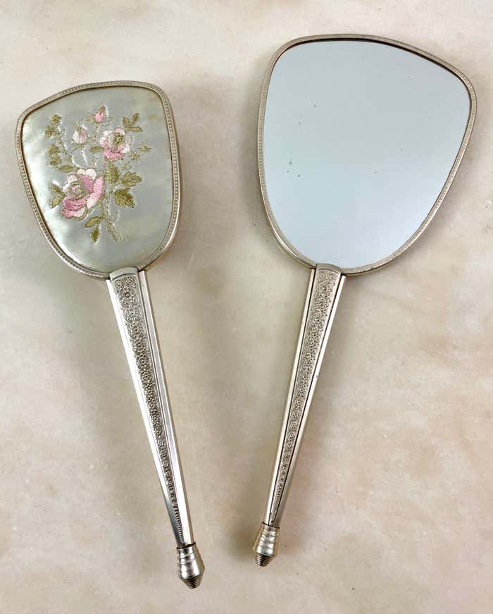 Toiletry set - metal and silk brush and hand mirror England from the 50s