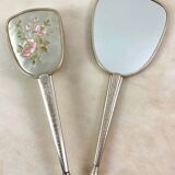 Toiletry set - metal and silk brush and hand mirror England from the 50s