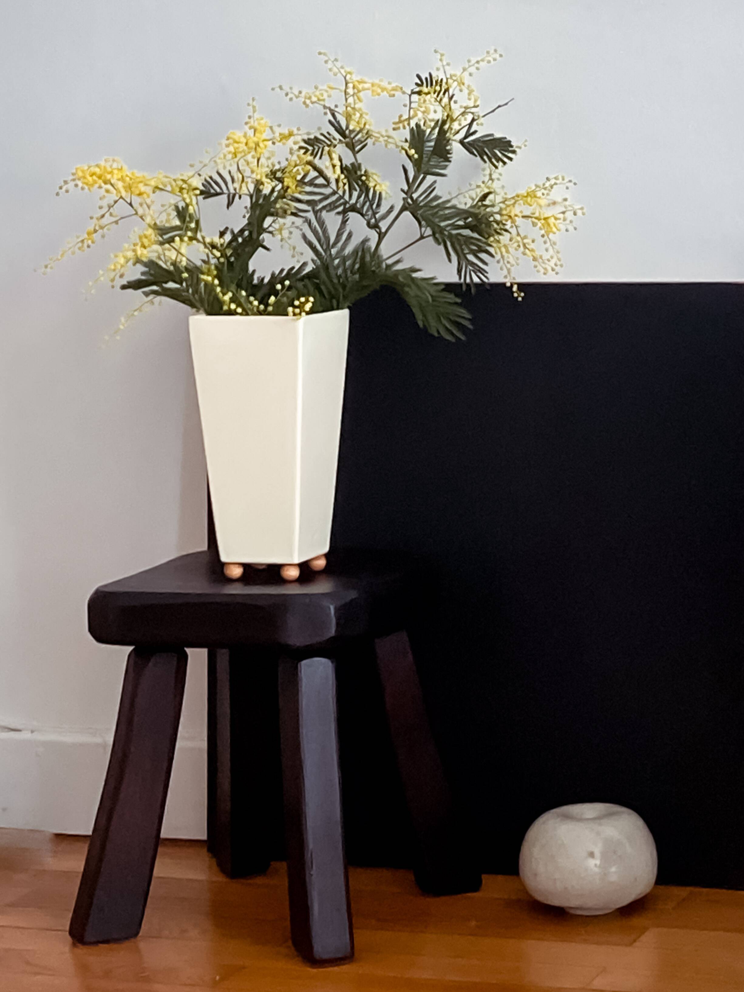 Ceramic cubic vase on wooden ball feet, Netherlands, 1990s