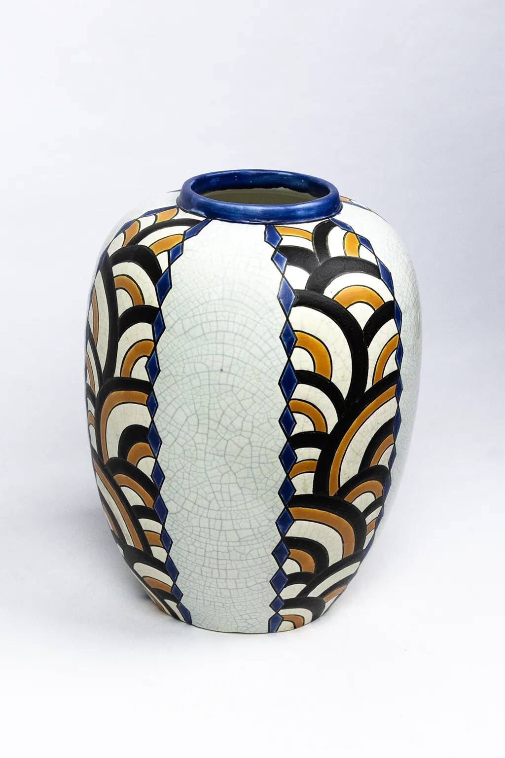 Art Deco vase from the Nimy pottery — geometric design, Belgium circa 1940.
