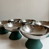 ensemble de 6 coupes à glaces en métal chromé et pieds en plastique vert, design 1970