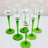 Liqueur set, blown glass, signed Portieux, 1 carafe & 6 stemmed glasses