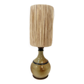 Vintage stoneware lamp signed beige brown raffia rope lampshade 1970