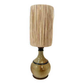 Vintage stoneware lamp signed beige brown raffia rope lampshade 1970
