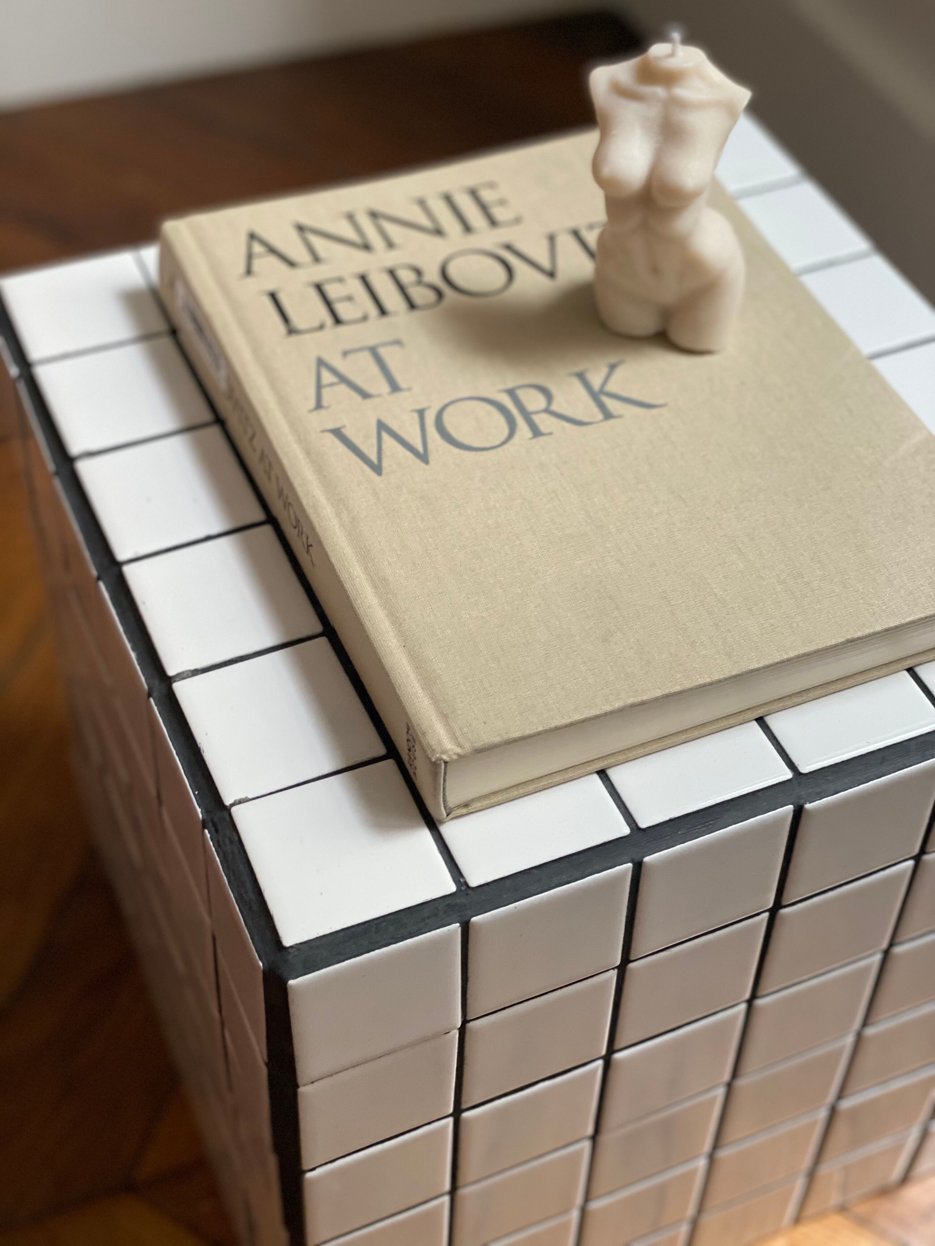 Side table cube gigi tile mosaic white joint black sofa end