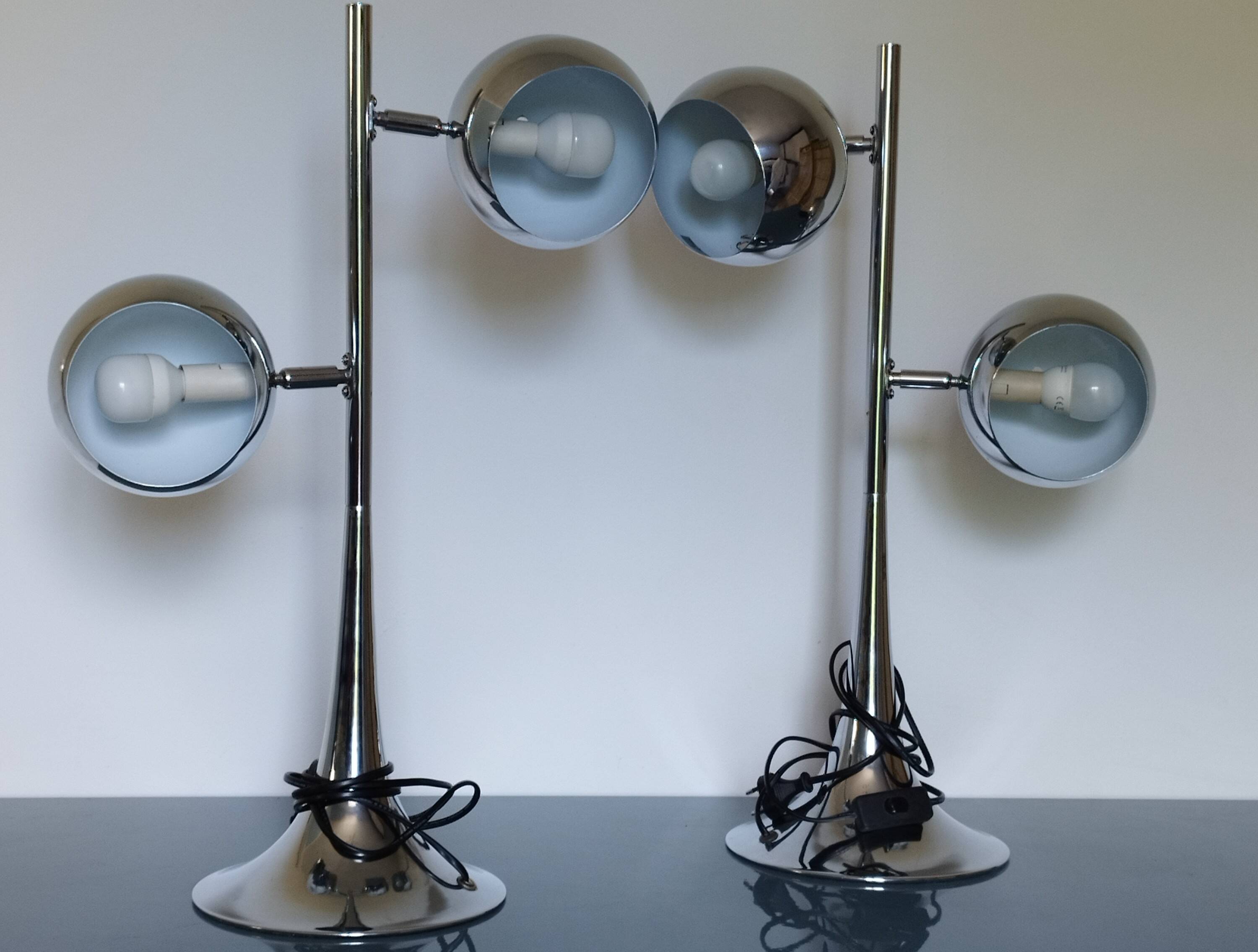 Rare vintage chrome lamps eye ball - tulip base - adjustable globes