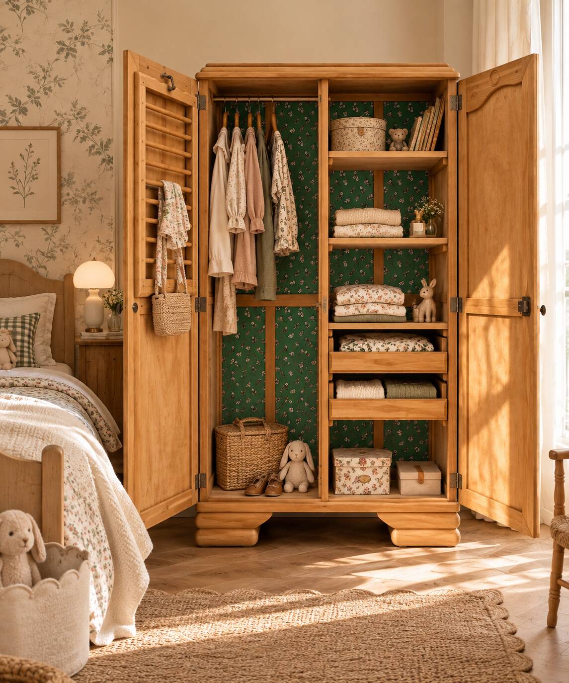 Parisian Art Deco wardrobe, renovated with raw wood.