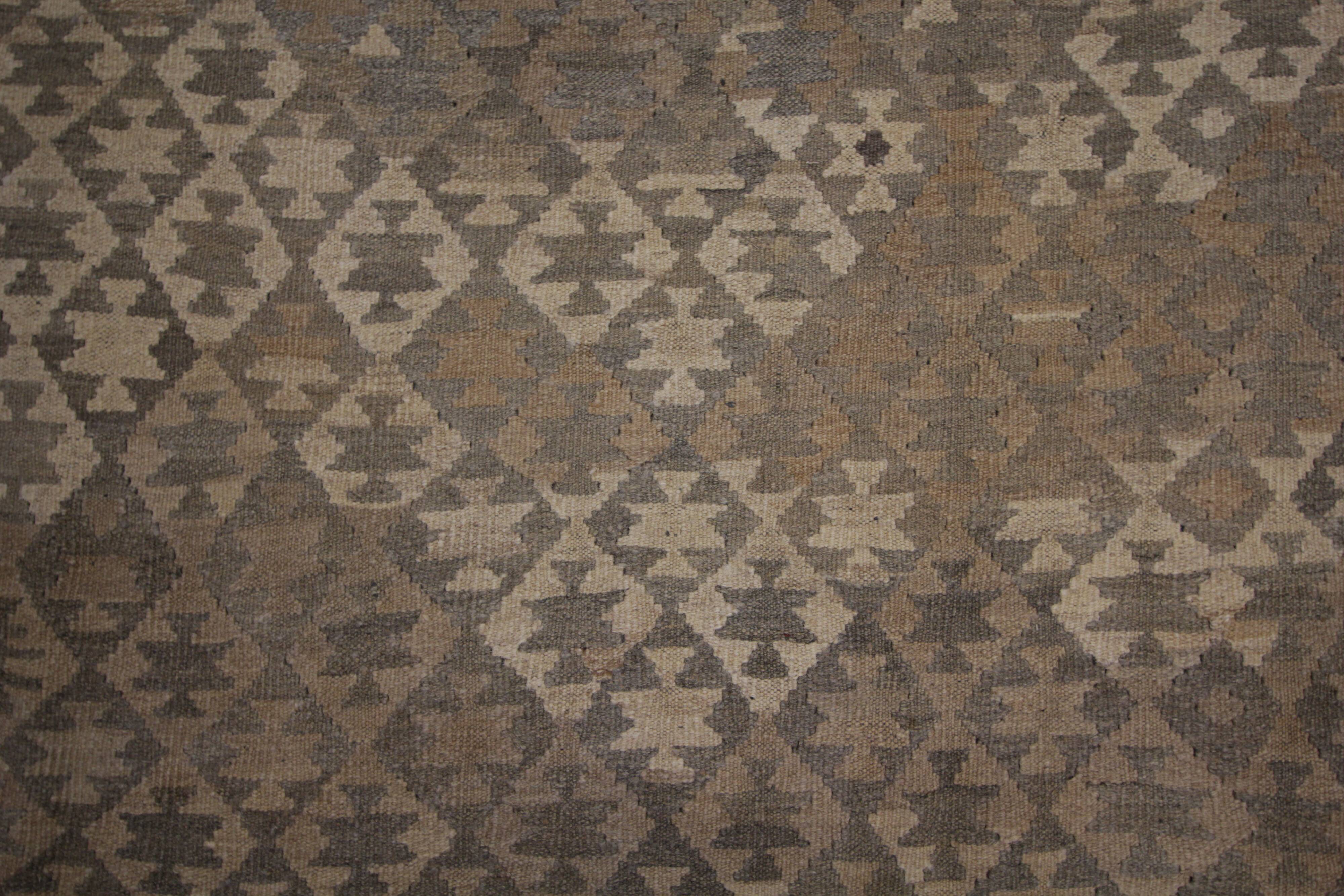 Brown & Khaki Geometric Kilim Rug, Handwoven Wool Carpet 302 x 239 cm
