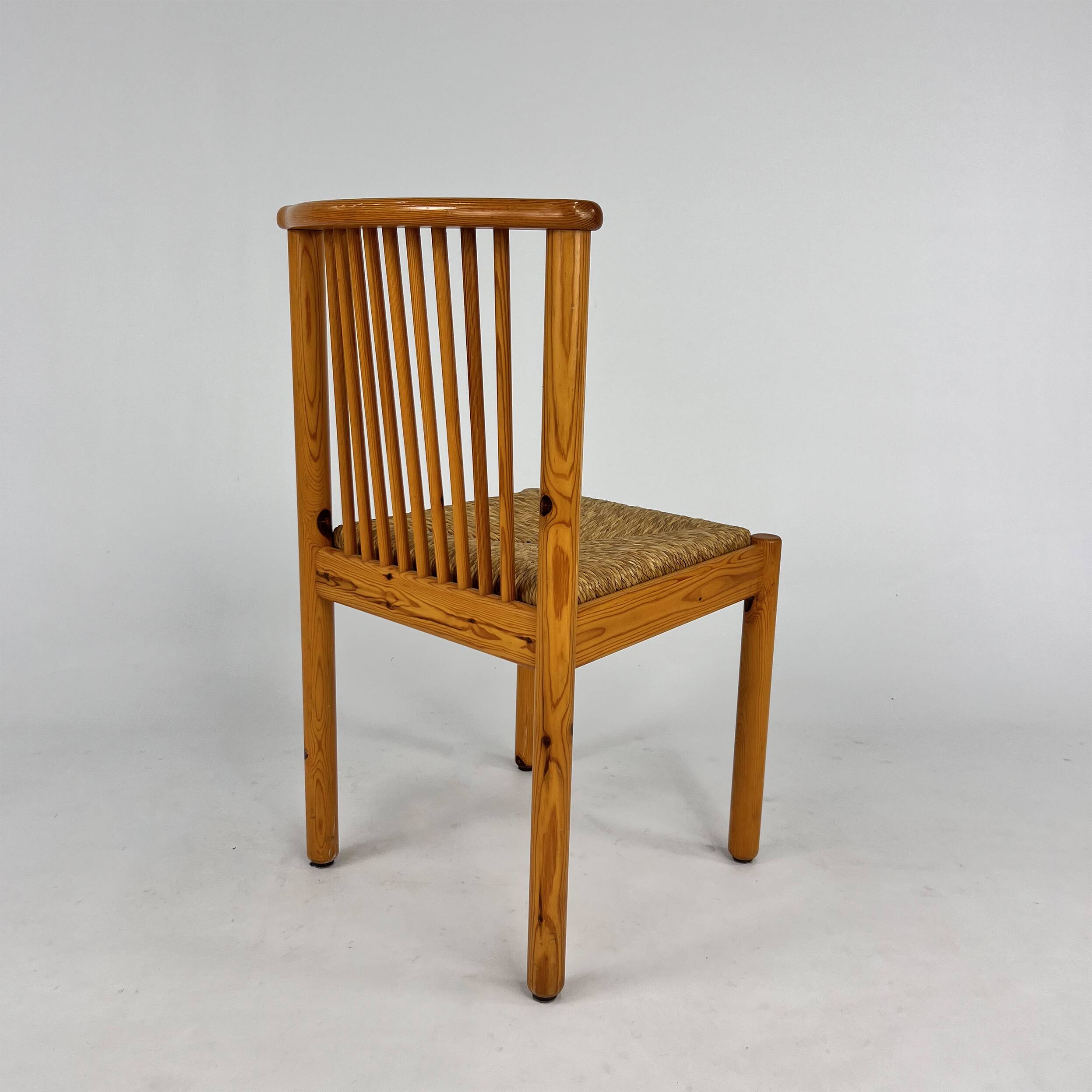 Set of 6 Scandinavian Pine and Rush Dining Chairs, 1970s