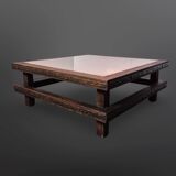 Brutalist oak square coffee table with copper top, Netherlands 1950s