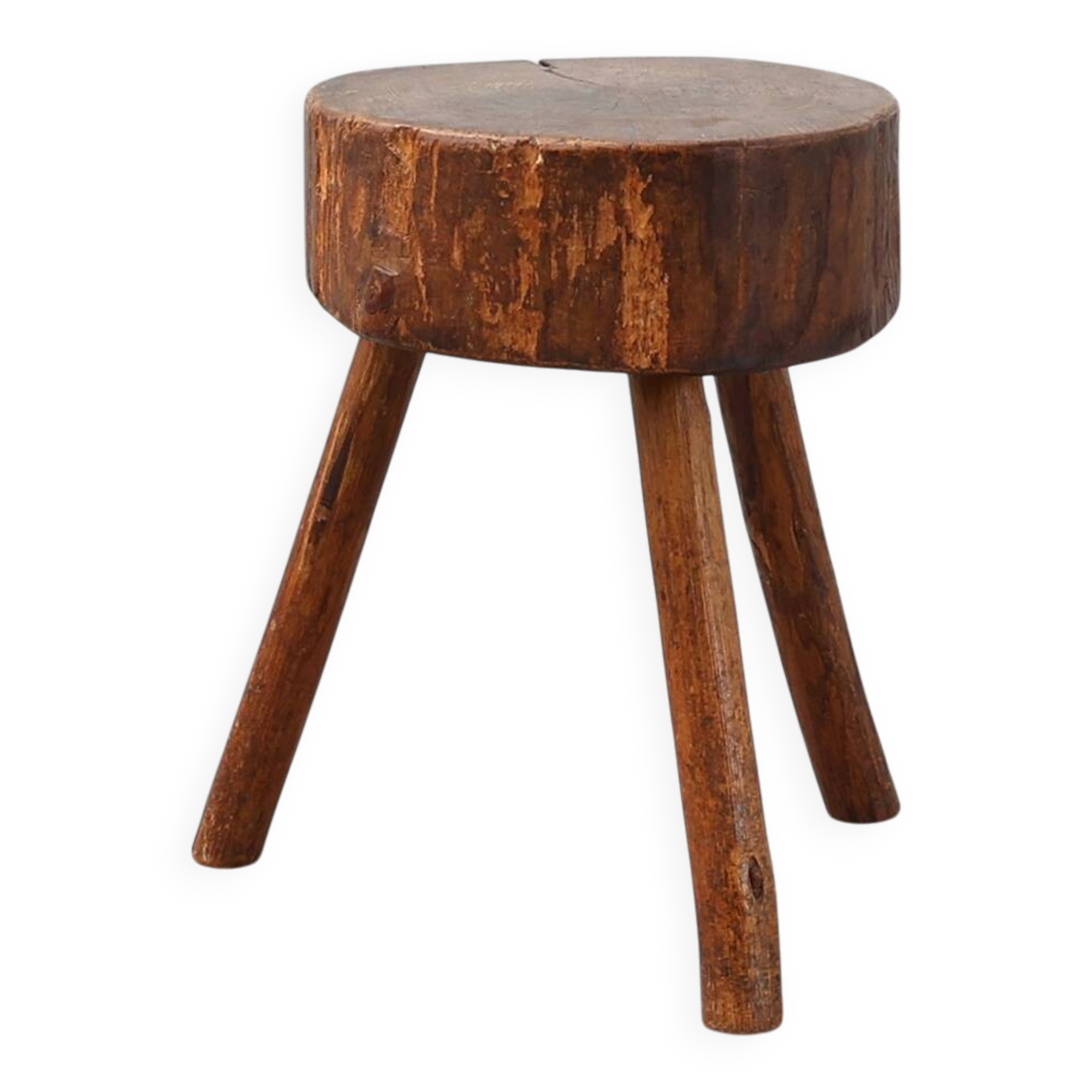 Rustic Oak Tripod Stool with Chunky Round Wooden Seat, France, circa 1920