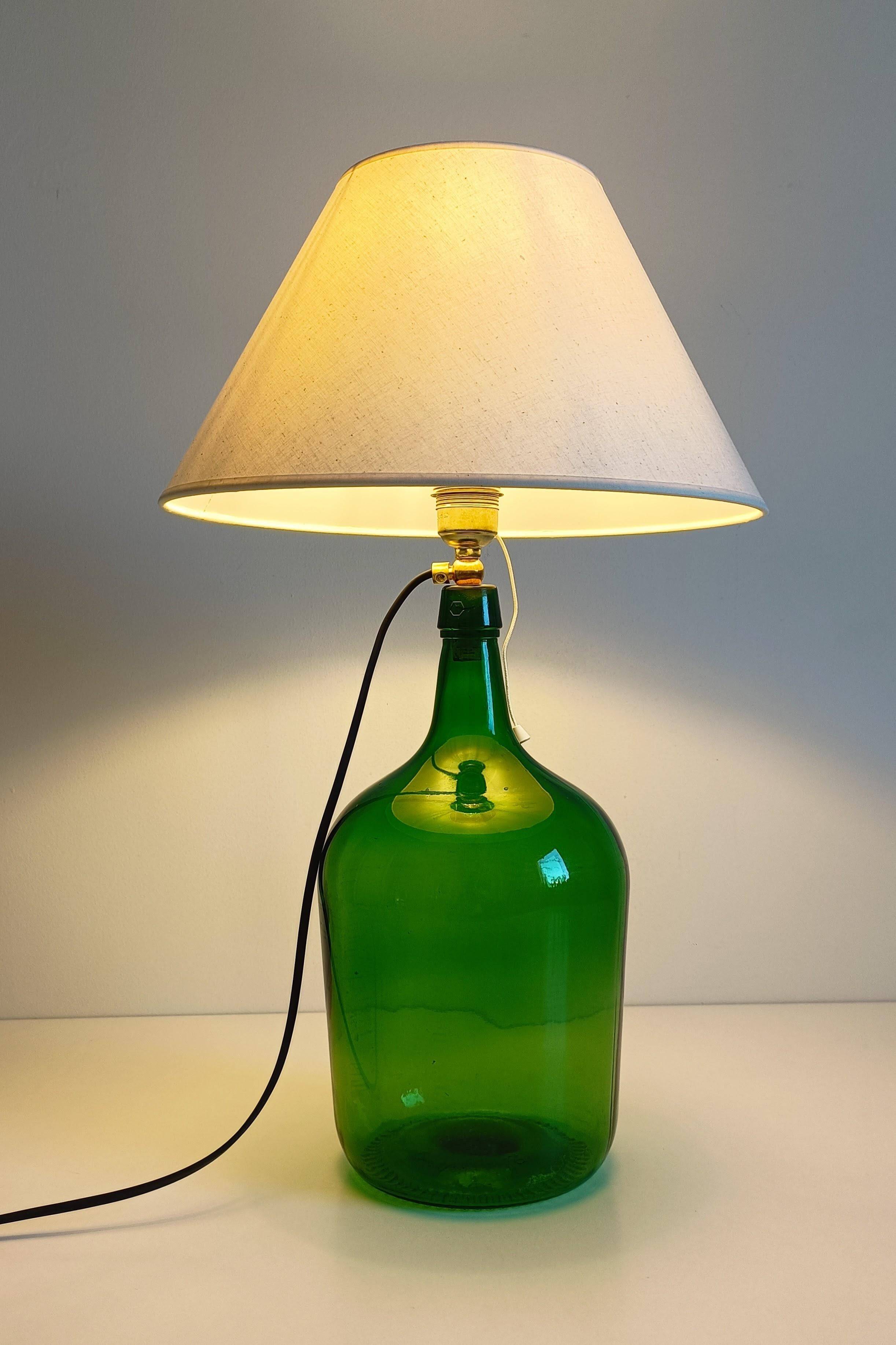 Mid-Century Green Glass Demijohn Table Lamp, Brass Fittings, Contemporary Shade
