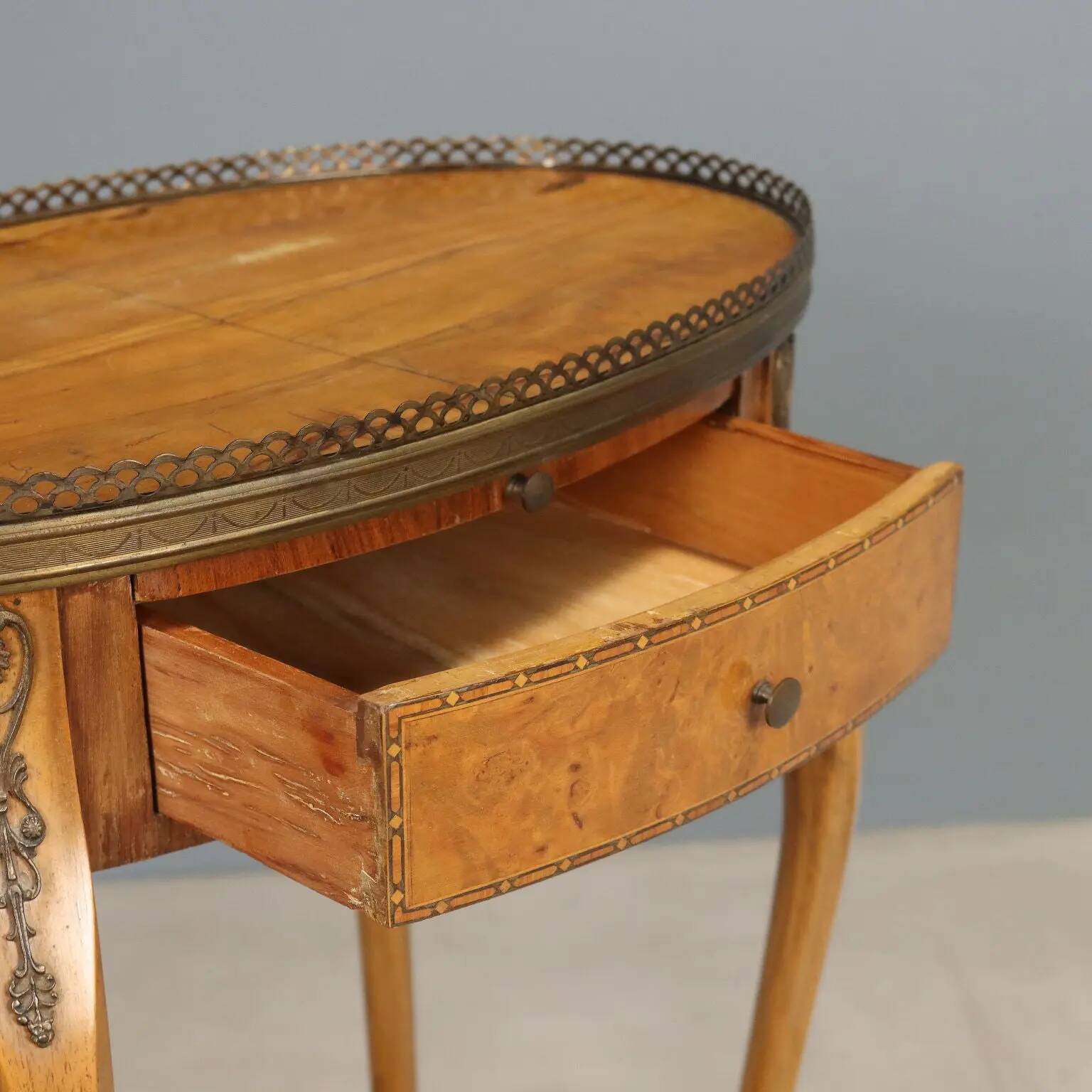 Small antique walnut and metal table, Italy, 20th century.