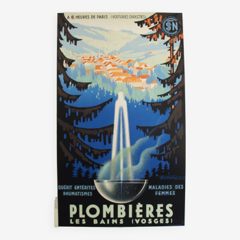 Affiche originale SNCF plombières les bains 1939 par Adrien Sénéchal - on linen