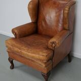 Vintage Dutch cognac coloured leather club chair, with footstool