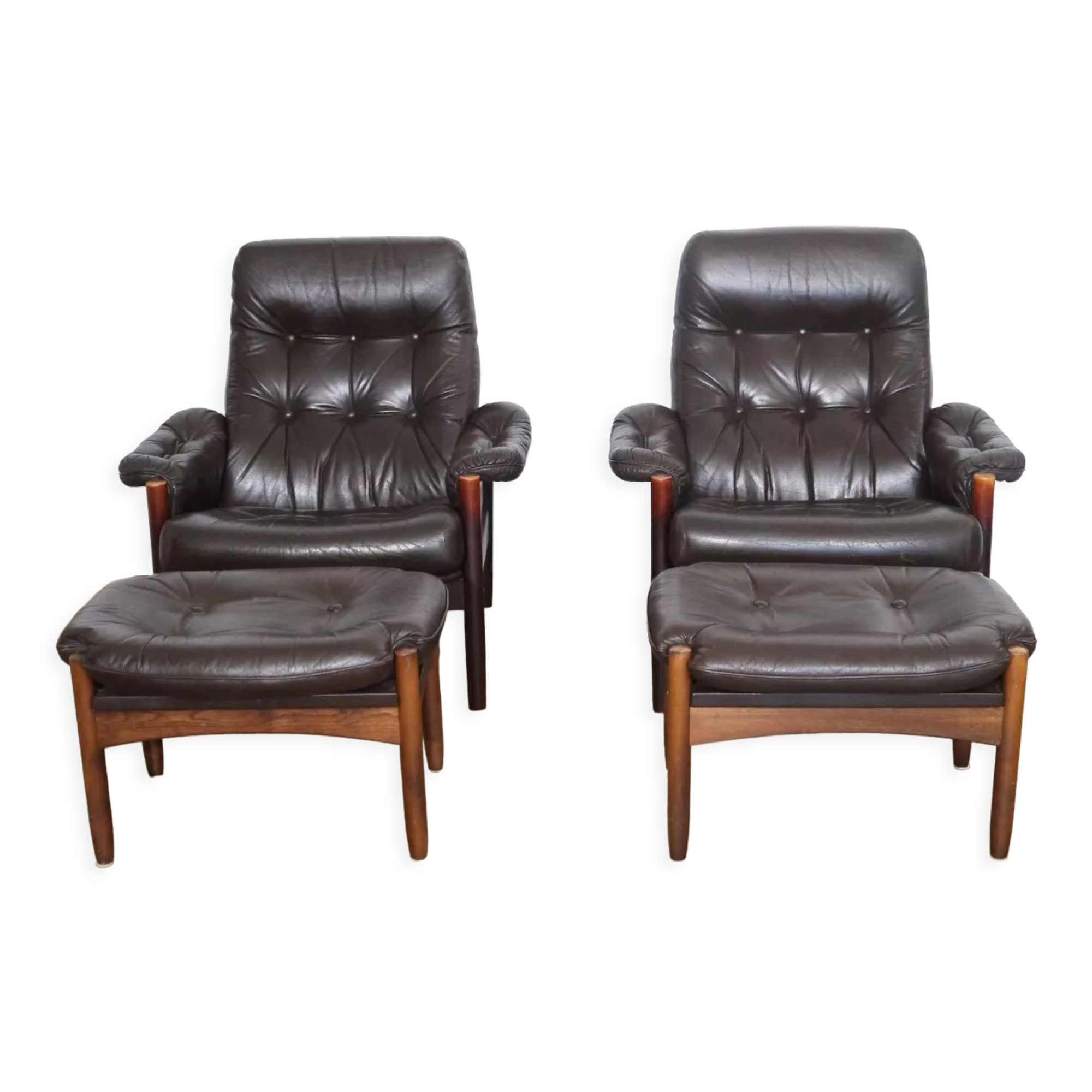 Pair of Scandinavian leather armchairs with ottomans 1970