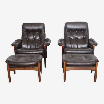 Pair of Scandinavian leather armchairs with ottomans 1970