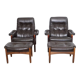 Pair of Scandinavian leather armchairs with ottomans 1970
