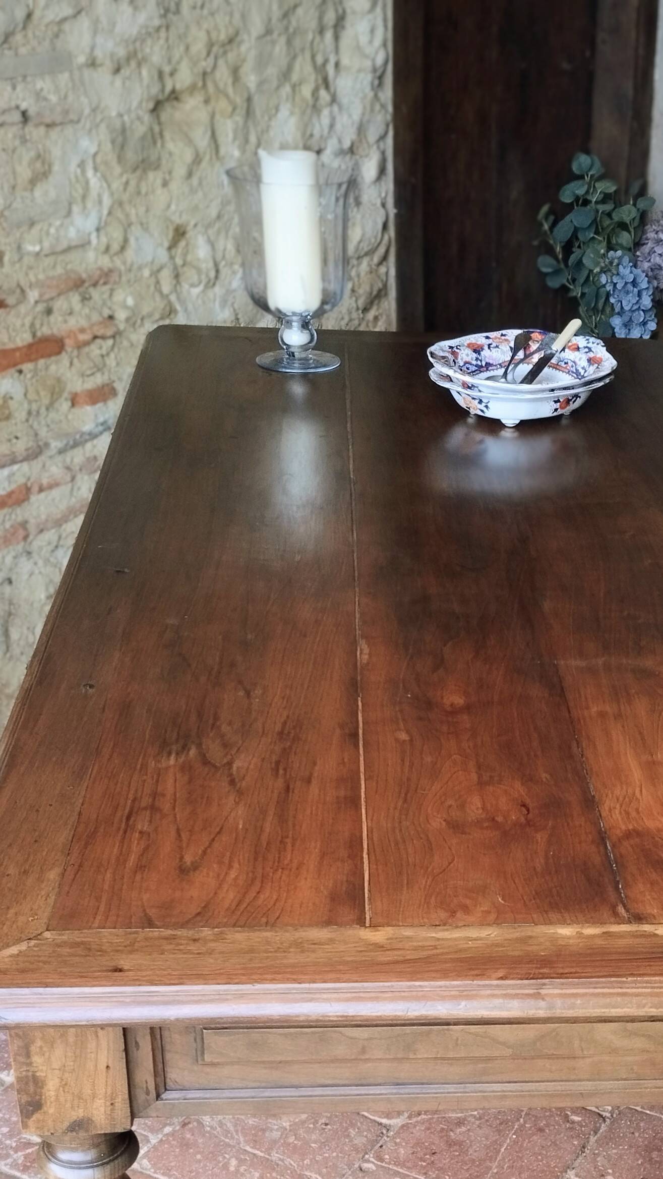 Old French farmhouse table in walnut, turned legs, waxed finish