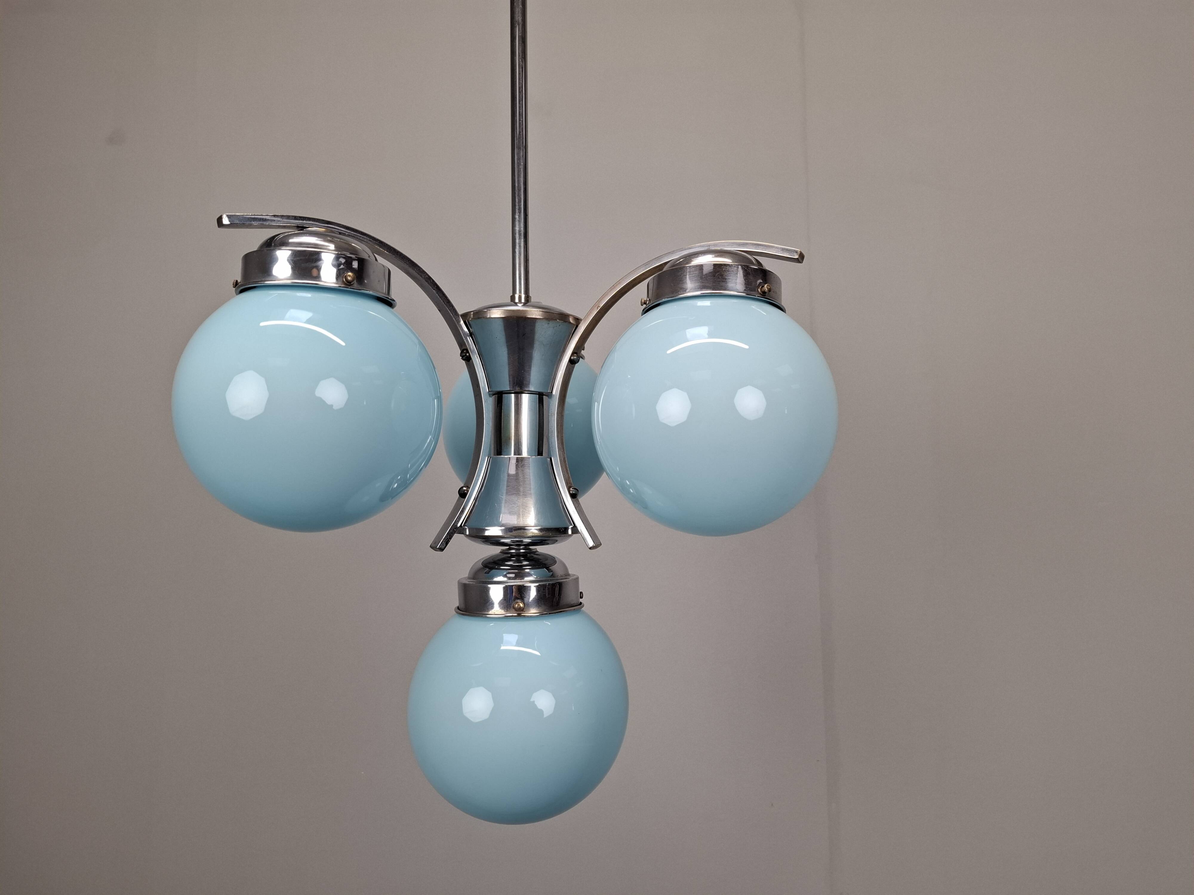 1930s Czech Art Deco Blue Opaline Glass and Chrome Four-Light Chandelier