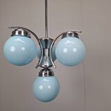 1930s Czech Art Deco Blue Opaline Glass and Chrome Four-Light Chandelier