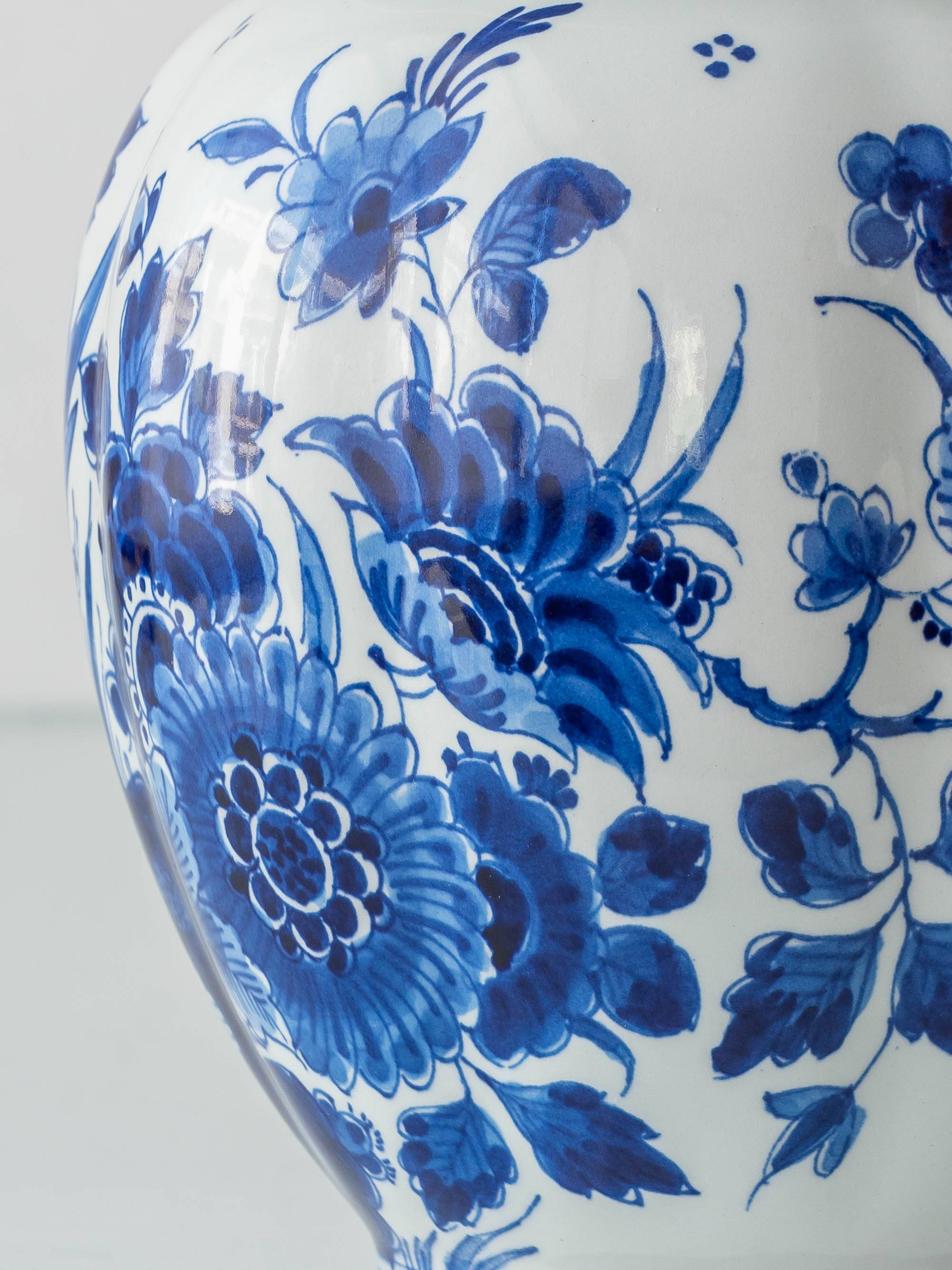 Pair of Royal Delft Blue & White Hand-Painted Floral Ginger Jar Table Lamps