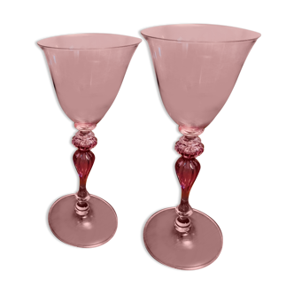 2 exquisite antique Venetian wine glasses in hand-blown crystal.