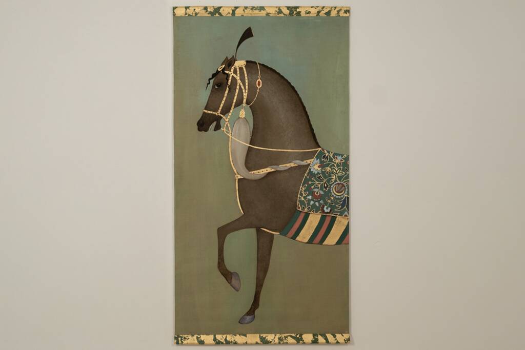 Painted canvas featuring a brown-coated Indian horse in profile. Contemporary.