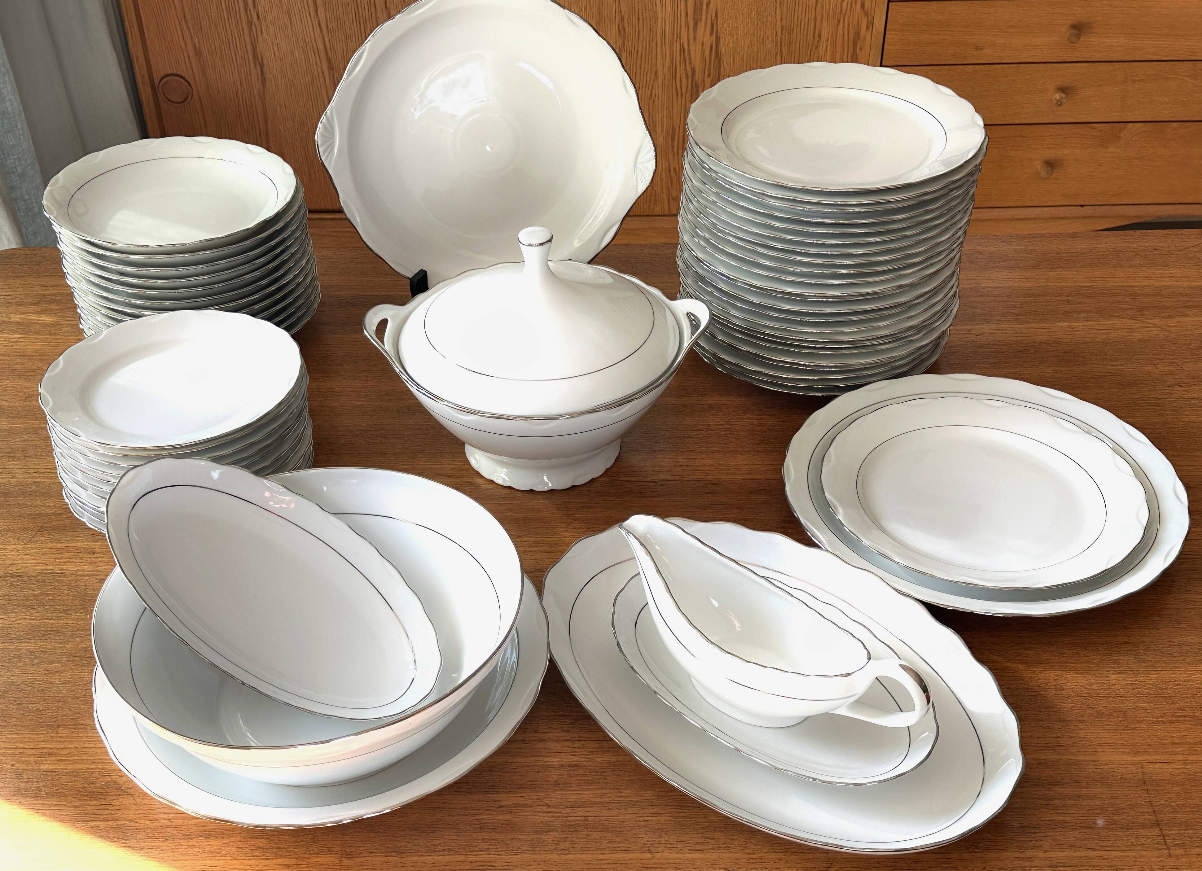 White and silver table service, Limoges porcelain, 56 pieces - in good condition.