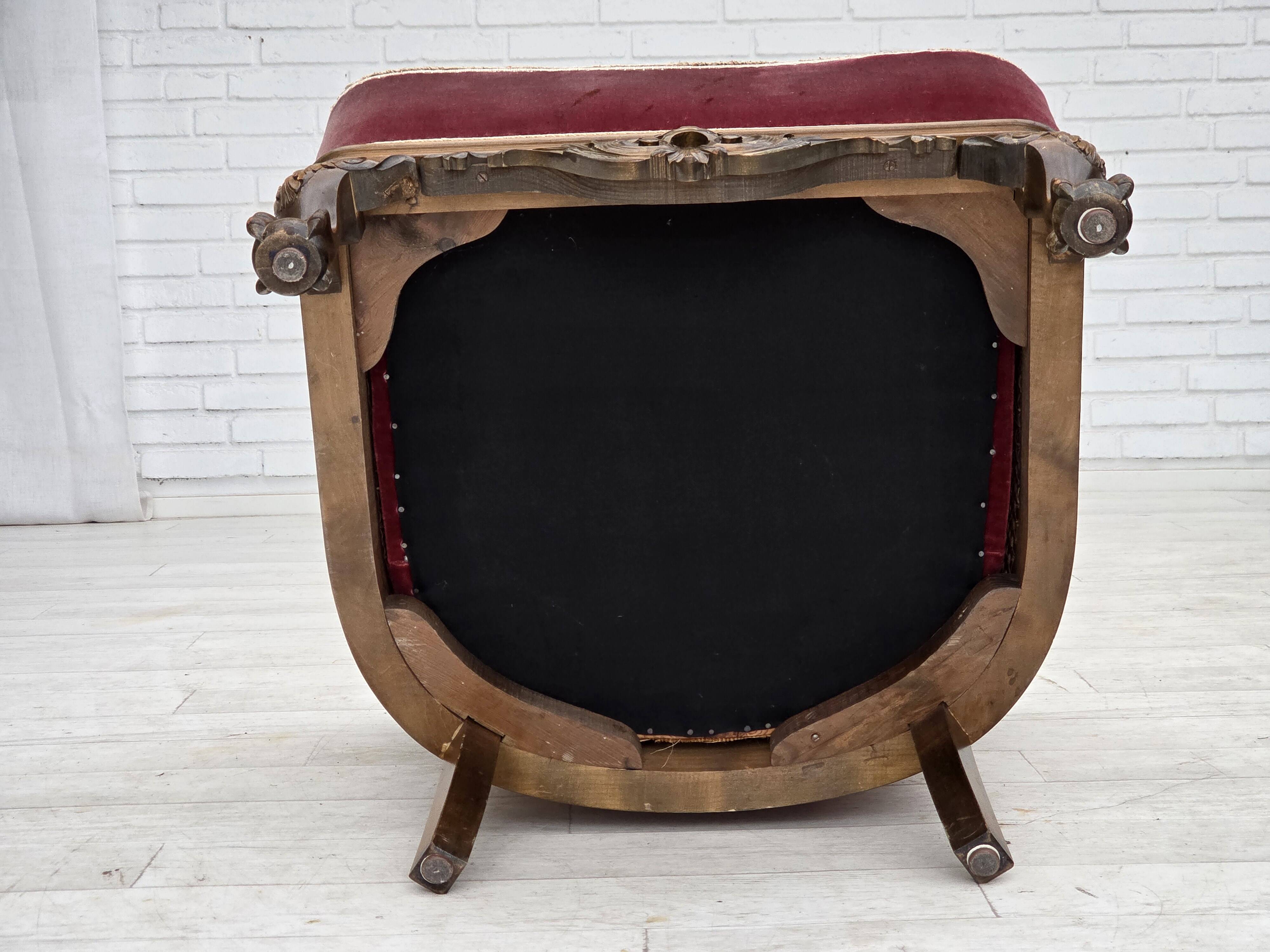 1940s, Danish armchair, woven wool, velour, mesh, carved oak wood.